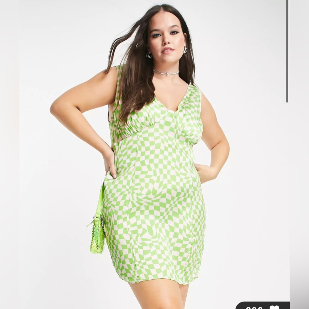 ASOS Green Checkered Satin Dress (NWT)